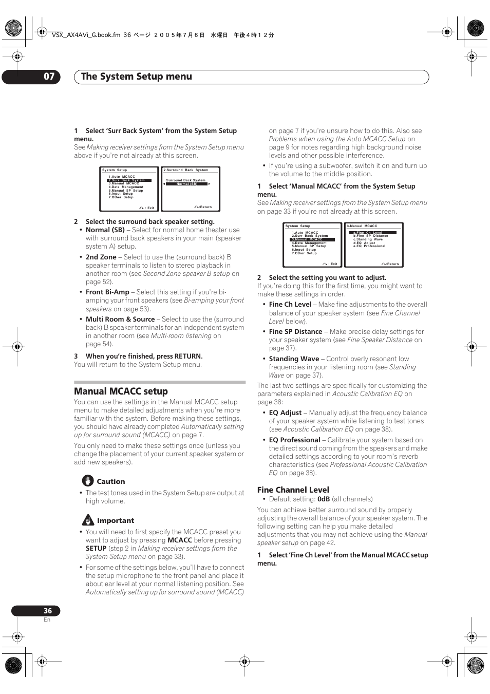 Manual mcacc setup, Fine channel level, The system setup menu 07 | Pioneer VSX-AX4AVi-G User Manual | Page 36 / 87