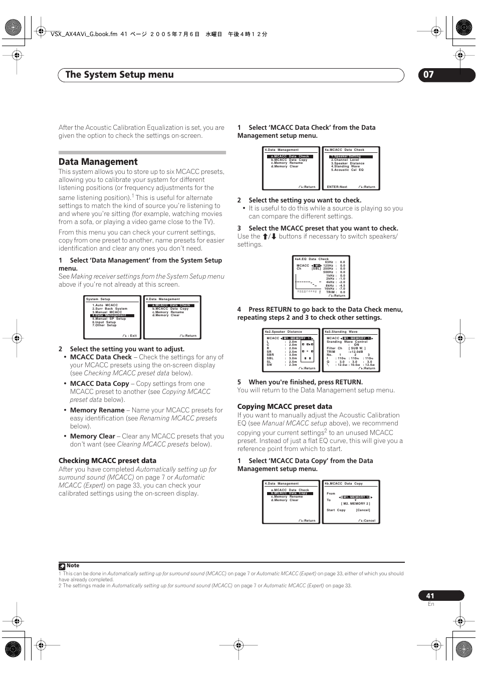Data management, The system setup menu 07, Checking mcacc preset data | Copying mcacc preset data | Pioneer VSX-AX4AVi-G User Manual | Page 41 / 87