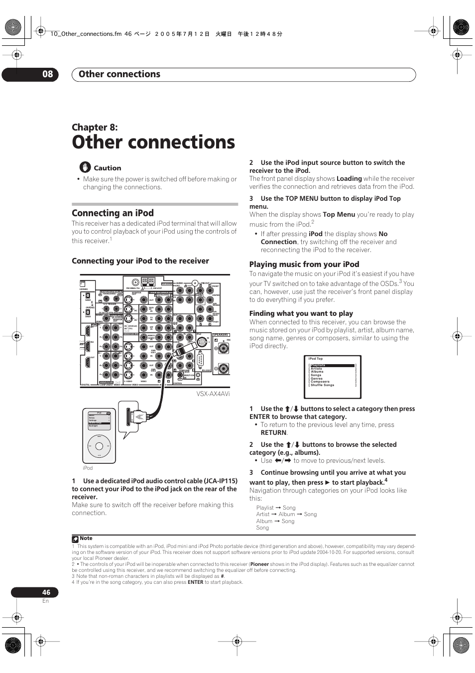 08 other connections, Connecting an ipod, Other connections | Other connections 08, Chapter 8, Connecting your ipod to the receiver, Playing music from your ipod, Finding what you want to play, Vsx-ax4avi | Pioneer VSX-AX4AVi-G User Manual | Page 46 / 87