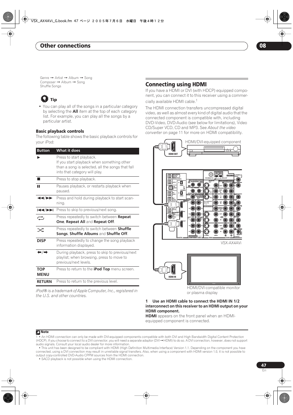 Connecting using hdmi, Other connections 08, Basic playback controls | About the video converter, On page 11 for more on hdmi compatibility, Hdmi, Disp, Top menu, Button what it does, Press to stop playback | Pioneer VSX-AX4AVi-G User Manual | Page 47 / 87