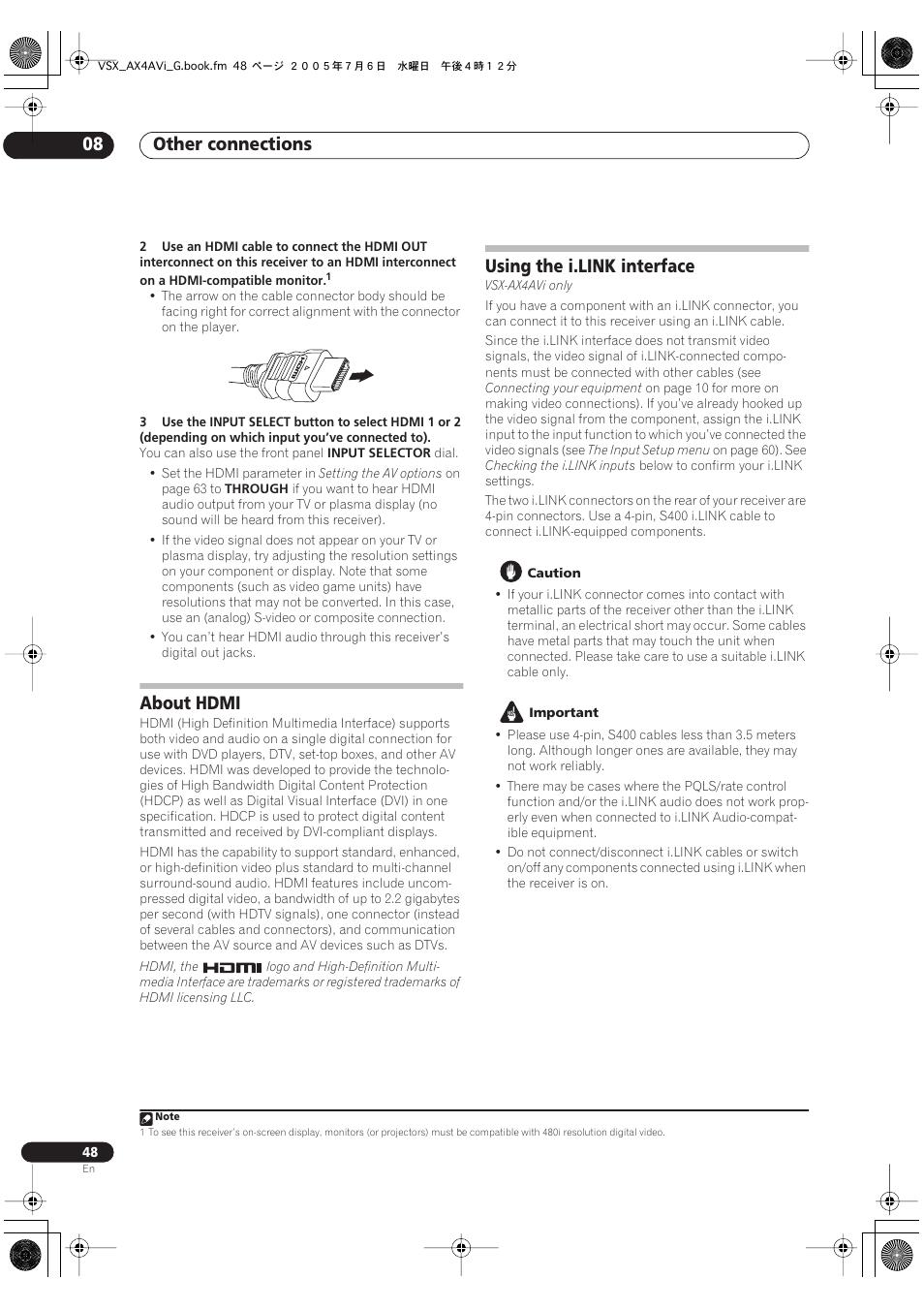 About hdmi using the i.link interface, Other connections 08, About hdmi | Using the i.link interface | Pioneer VSX-AX4AVi-G User Manual | Page 48 / 87