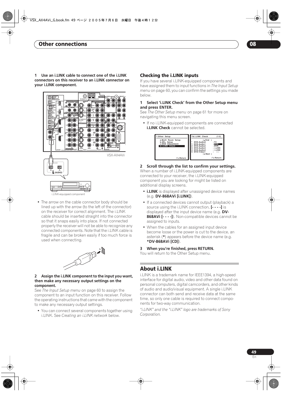 Checking the i.link inputs, About i.link, Other connections 08 | The input setup menu, Creating an i.link network, Below, The other setup menu, I.link check, Cannot be selected, 2scroll through the list to confirm your settings | Pioneer VSX-AX4AVi-G User Manual | Page 49 / 87