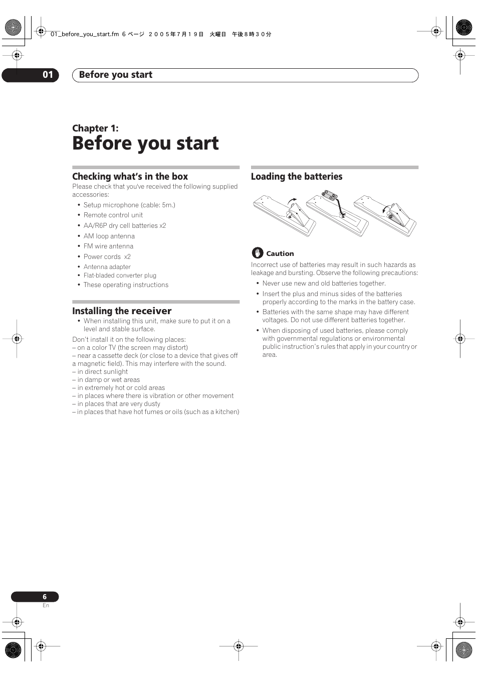 01 before you start, Before you start, Before you start 01 | Chapter 1, Checking what’s in the box, Installing the receiver, Loading the batteries | Pioneer VSX-AX4AVi-G User Manual | Page 6 / 87
