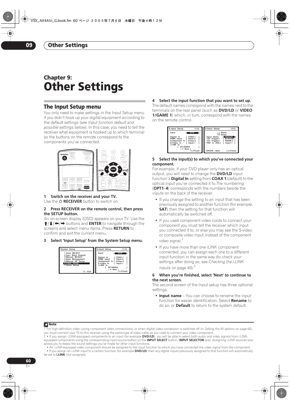 09 other settings, The input setup menu, Other settings | Other settings 09, Chapter 9 | Pioneer VSX-AX4AVi-G User Manual | Page 60 / 87