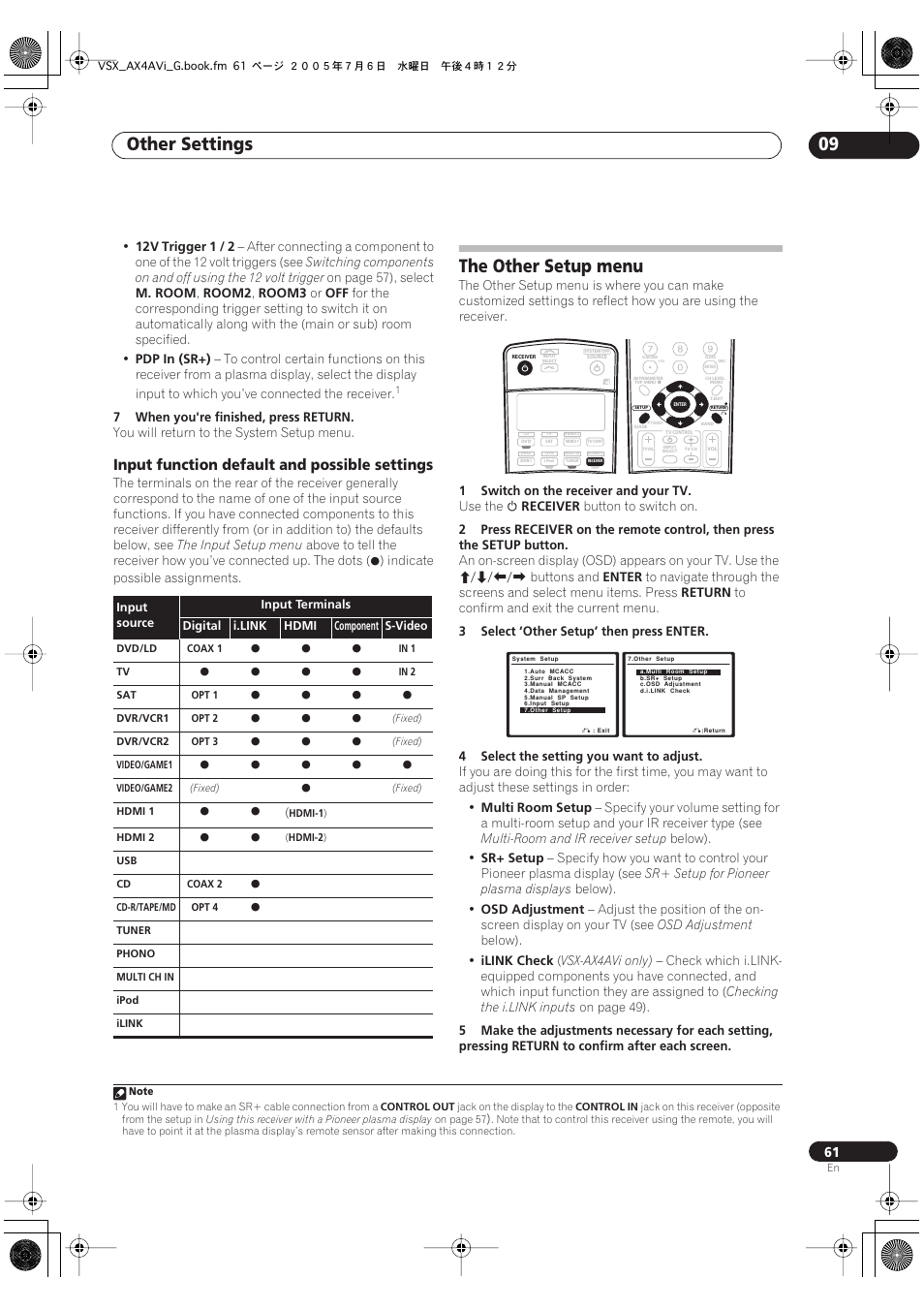 Input function default and possible settings, The other setup menu, Other settings 09 | Pioneer VSX-AX4AVi-G User Manual | Page 61 / 87