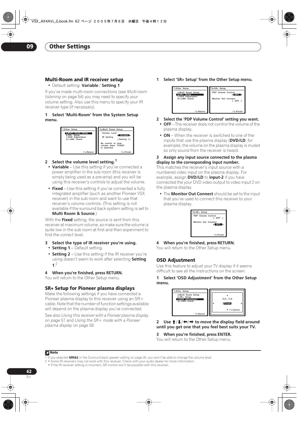 Other settings 09, Multi-room and ir receiver setup, Sr+ setup for pioneer plasma displays | Osd adjustment | Pioneer VSX-AX4AVi-G User Manual | Page 62 / 87