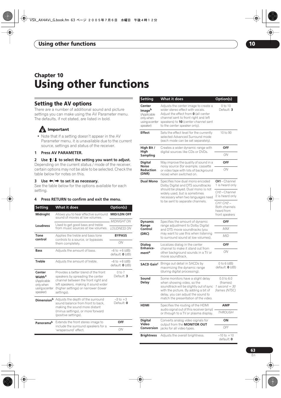 10 using other functions, Setting the av options, Using other functions | Using other functions 10, Chapter 10 | Pioneer VSX-AX4AVi-G User Manual | Page 63 / 87