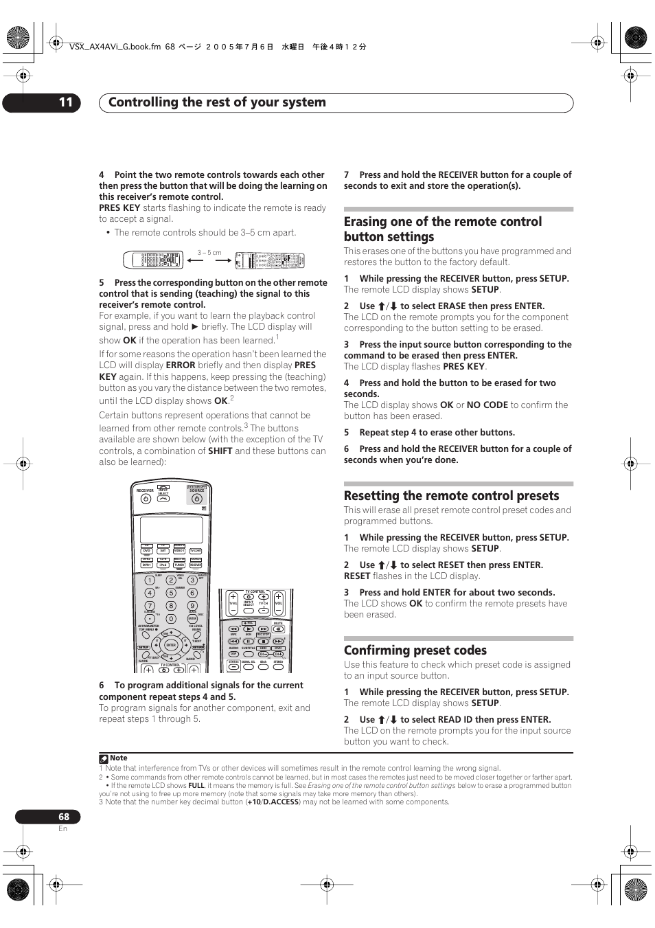 Controlling the rest of your system 11, Erasing one of the remote control button settings, Resetting the remote control presets | Confirming preset codes | Pioneer VSX-AX4AVi-G User Manual | Page 68 / 87