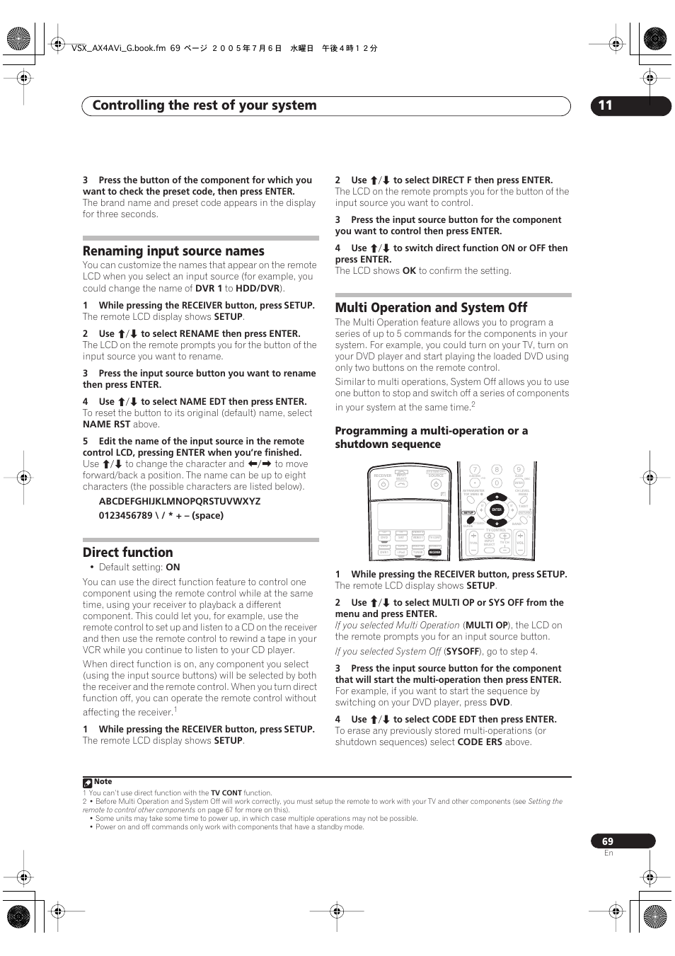 Controlling the rest of your system 11, Renaming input source names, Direct function | Multi operation and system off | Pioneer VSX-AX4AVi-G User Manual | Page 69 / 87