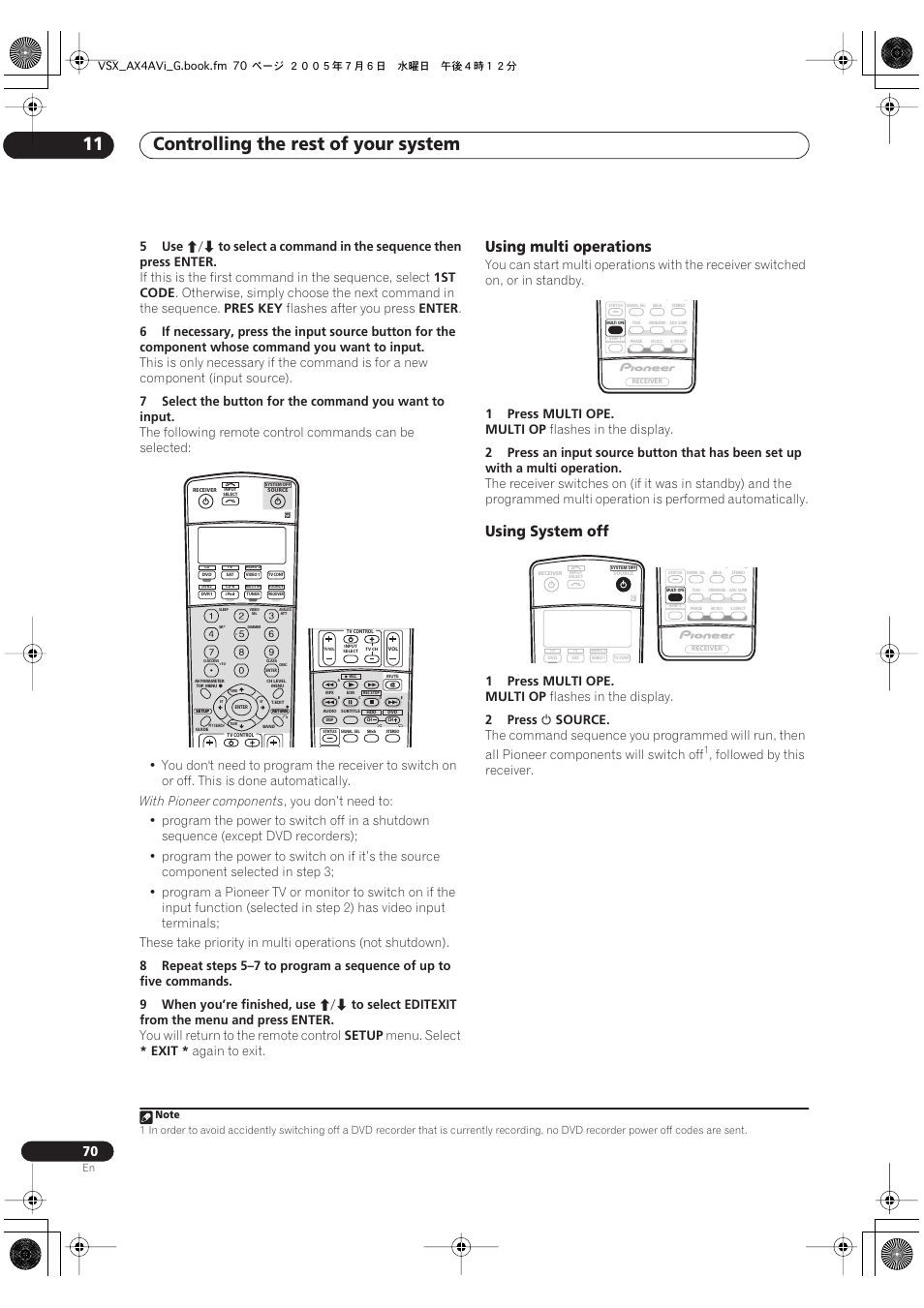 Using multi operations using system off, Controlling the rest of your system 11, Using multi operations | Using system off, 5use, Enter, 1st code, Pres key, Flashes after you press, With pioneer components | Pioneer VSX-AX4AVi-G User Manual | Page 70 / 87