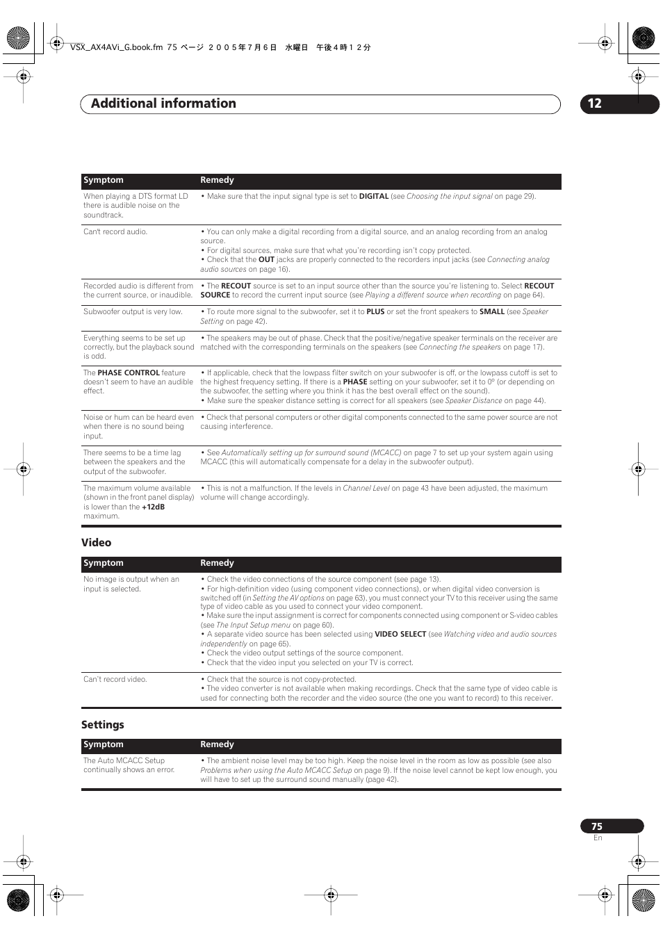 Video settings, Additional information 12 | Pioneer VSX-AX4AVi-G User Manual | Page 75 / 87