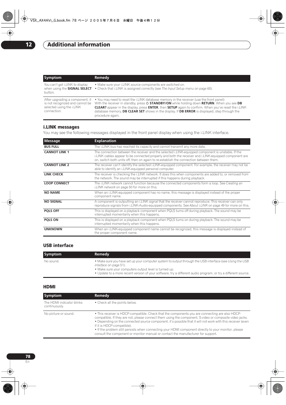 I.link messages usb interface hdmi, Additional information 12, I.link messages | Usb interface hdmi | Pioneer VSX-AX4AVi-G User Manual | Page 78 / 87