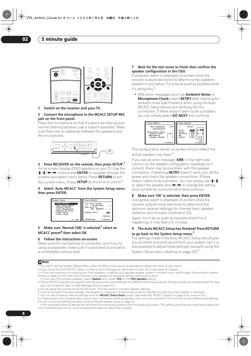 5 minute guide 02, Setup mic, Jack on the front panel | 3press, Receiver, On the remote, then press, Setup, Buttons and, Enter, Return | Pioneer VSX-AX4AVi-G User Manual | Page 8 / 87