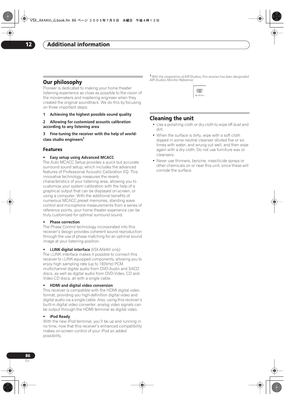 Our philosophy, Features, Cleaning the unit | Additional information 12 | Pioneer VSX-AX4AVi-G User Manual | Page 86 / 87