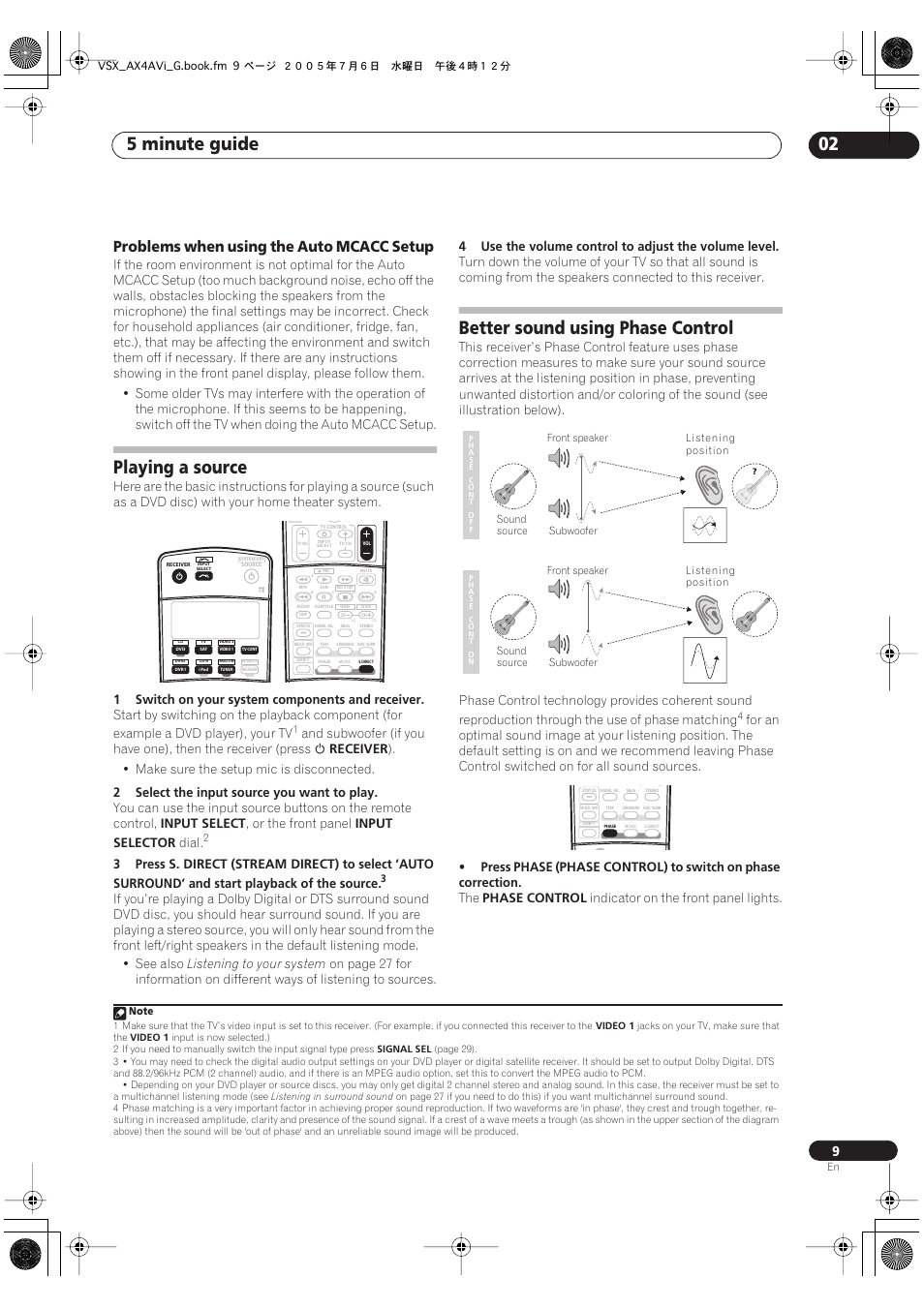 Problems when using the auto mcacc setup, Playing a source better sound using phase control, 5 minute guide 02 | Playing a source, Better sound using phase control | Pioneer VSX-AX4AVi-G User Manual | Page 9 / 87