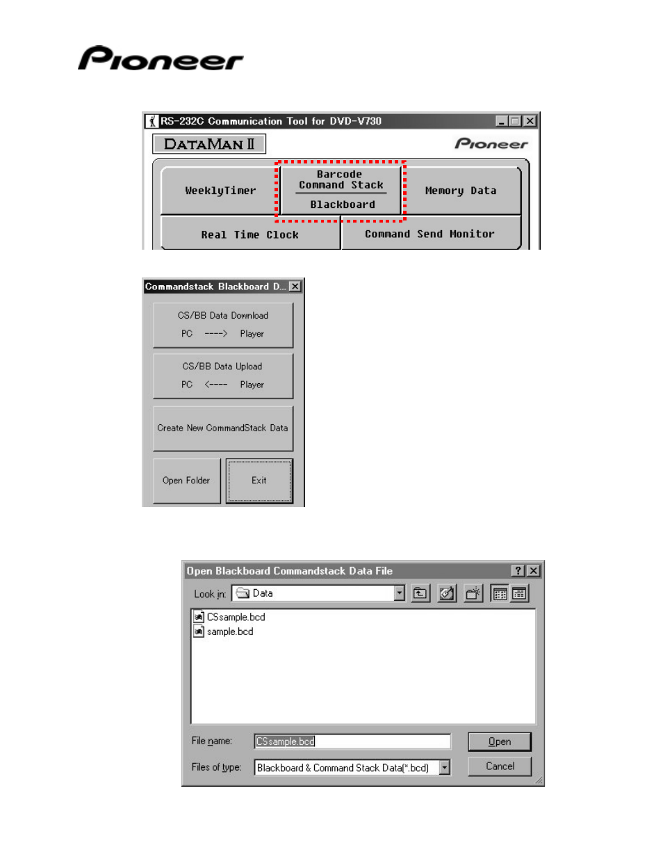 1 barcode command stack / blackboard download, Barcode command stack / blackboard download | Pioneer DataMan 2Serial Communication Tool for Pioneer Industrial DVD Video Player DVD-V7400 User Manual | Page 15 / 39