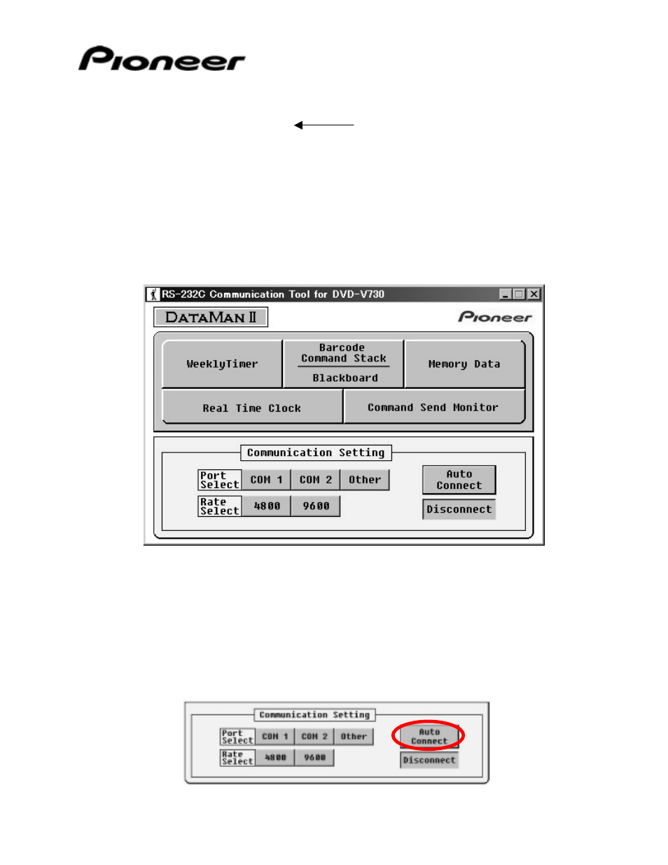 2 communication settings, 1 auto connect option, Communication settings | Auto connect option | Pioneer DataMan 2Serial Communication Tool for Pioneer Industrial DVD Video Player DVD-V7400 User Manual | Page 6 / 39