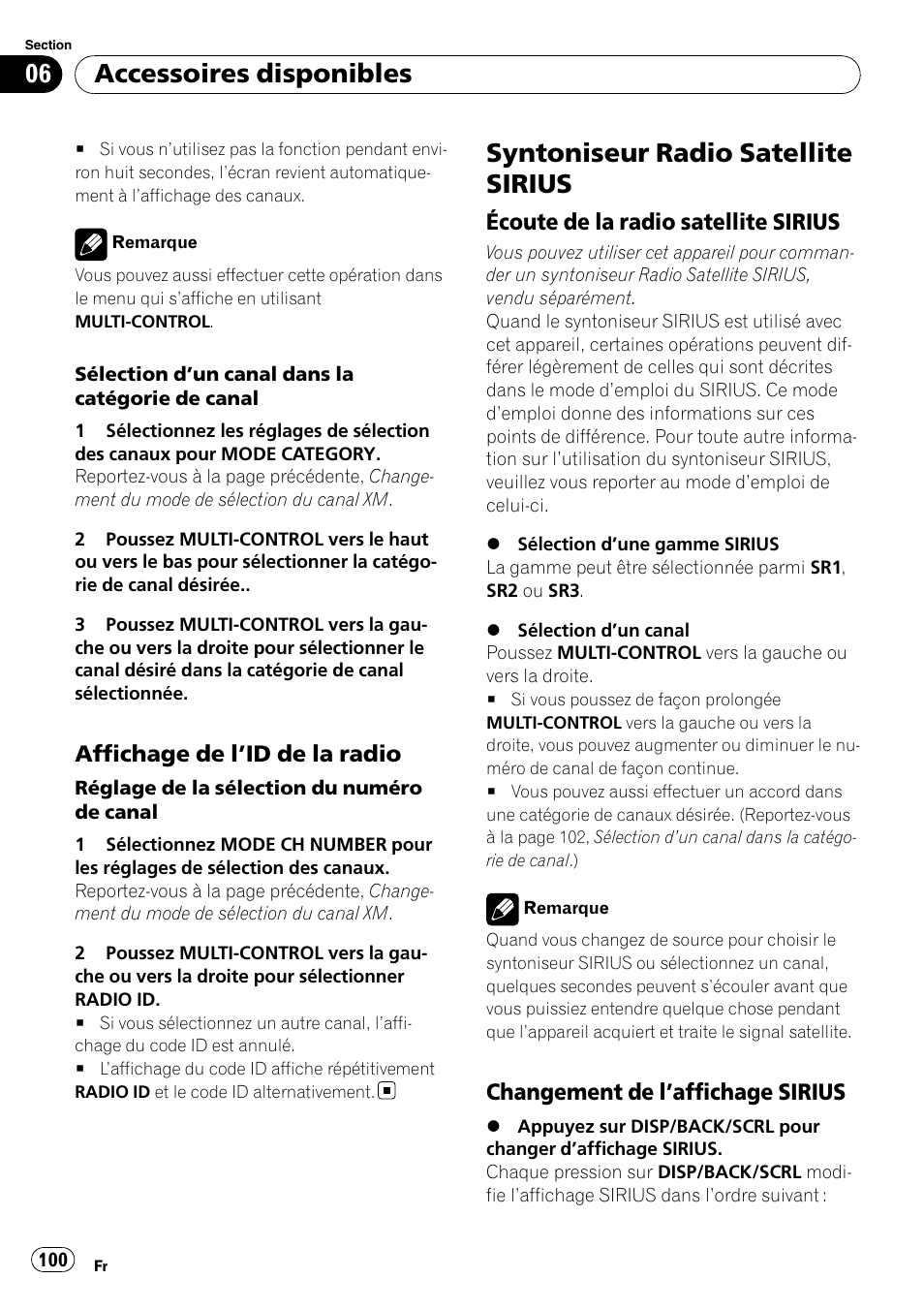 Affichage de l’id de la radio 100, Syntoniseur radio satellite sirius, Écoute de la radio satellite | Sirius, Changement de l’affichage, Accessoires disponibles, Affichage de l ’id de la radio, Écoute de la radio satellite sirius, Changement de l ’affichage sirius | Pioneer DEH-P3100UB User Manual | Page 100 / 177
