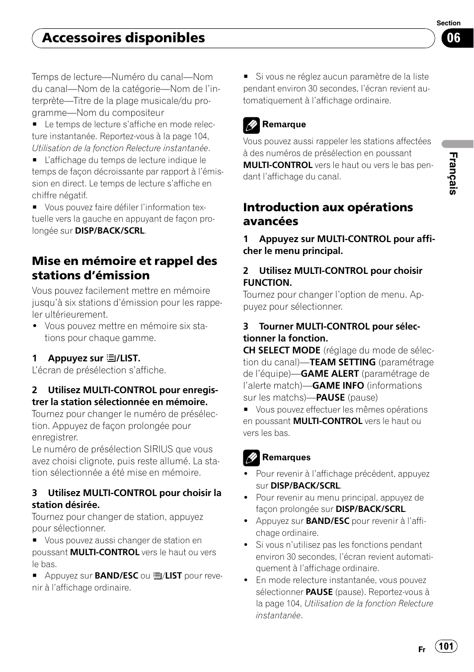 Mise en mémoire et rappel des stations, Émission 101, Introduction aux opérations | Avancées, Accessoires disponibles, Mise en mémoire et rappel des stations d ’émission, Introduction aux opérations avancées | Pioneer DEH-P3100UB User Manual | Page 101 / 177