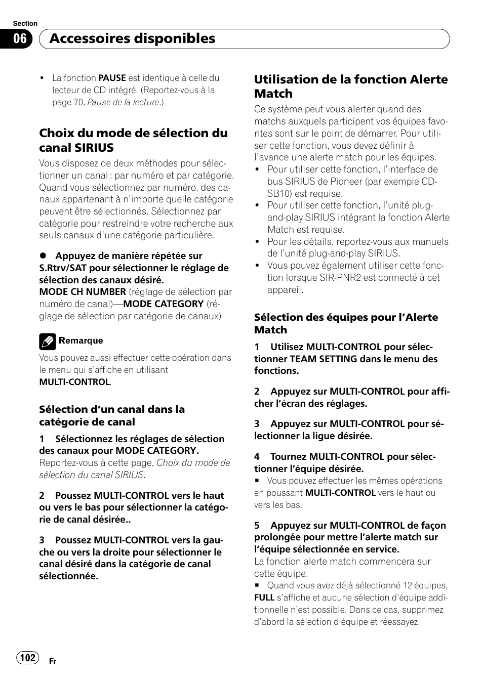 Choix du mode de sélection du canal, Sirius, Utilisation de la fonction alerte | Match, Un canal dans la catégo, Rie de canal.), Accessoires disponibles, Choix du mode de sélection du canal sirius, Utilisation de la fonction alerte match | Pioneer DEH-P3100UB User Manual | Page 102 / 177