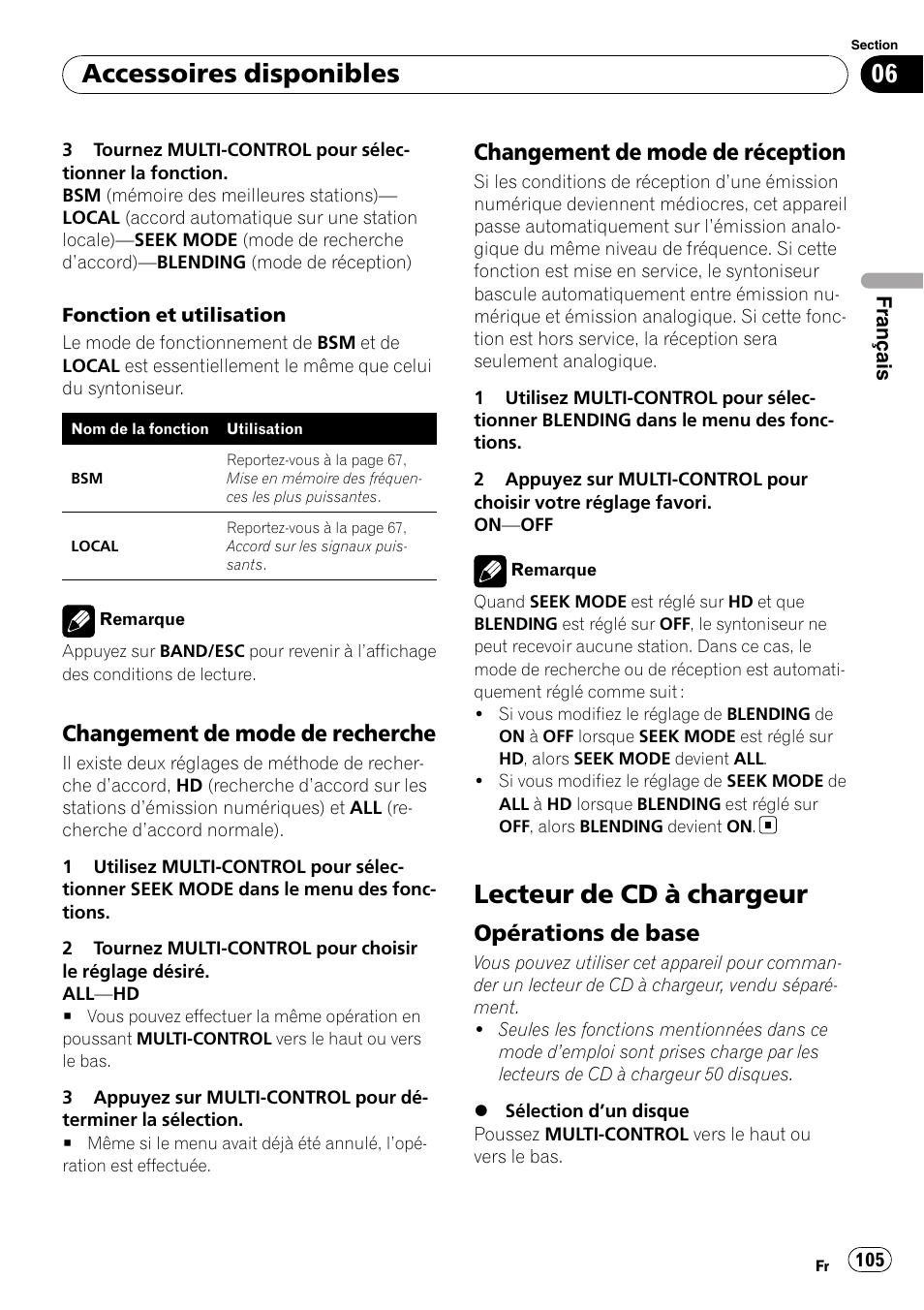 Changement de mode de, Recherche, Réception | Lecteur de cd à chargeur, Opérations de base 105, Accessoires disponibles, Changement de mode de recherche, Changement de mode de réception, Opérations de base | Pioneer DEH-P3100UB User Manual | Page 105 / 177