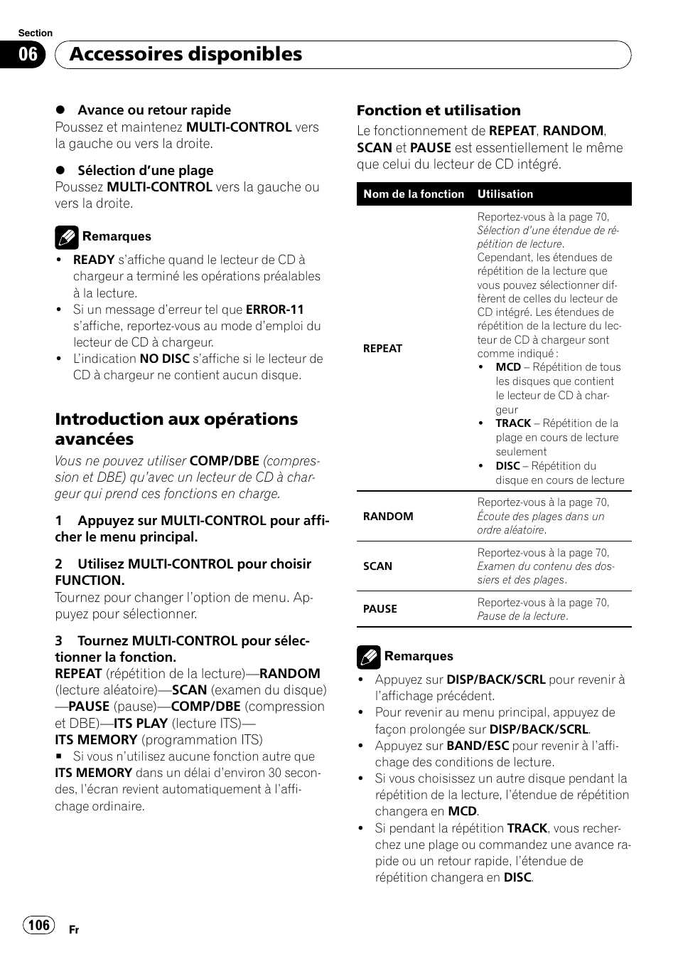 Introduction aux opérations, Avancées, Accessoires disponibles | Introduction aux opérations avancées | Pioneer DEH-P3100UB User Manual | Page 106 / 177