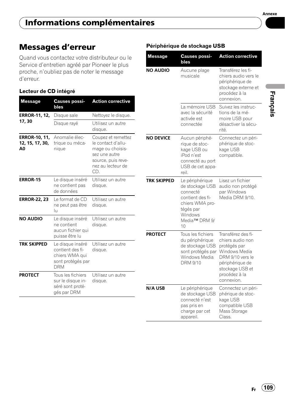 Informations complémentaires messages d, Erreur 109, Erreur | Informations complémentaires, Messages d ’erreur, Français | Pioneer DEH-P3100UB User Manual | Page 109 / 177