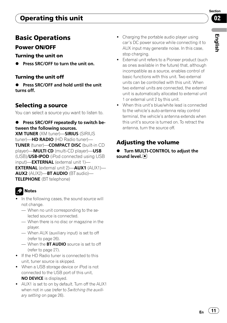 Basic operations, Power on/off 11, Selecting a source 11 | Adjusting the volume 11, Operating this unit, Power on/off, Selecting a source, Adjusting the volume | Pioneer DEH-P3100UB User Manual | Page 11 / 177