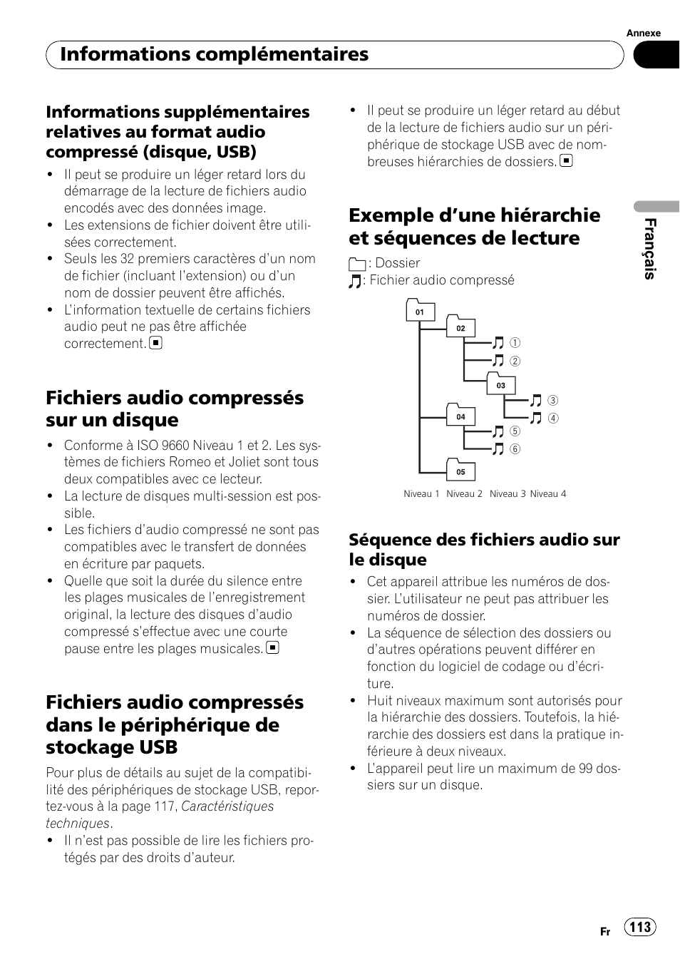 Informations supplémentaires relatives, Au format audio compressé (disque, usb), Fichiers audio compressés sur un | Disque, Fichiers audio compressés dans le, Périphérique de stockage usb, Exemple d, Une hiérarchie et séquences de, Lecture, Séquence des fichiers audio sur le | Pioneer DEH-P3100UB User Manual | Page 113 / 177