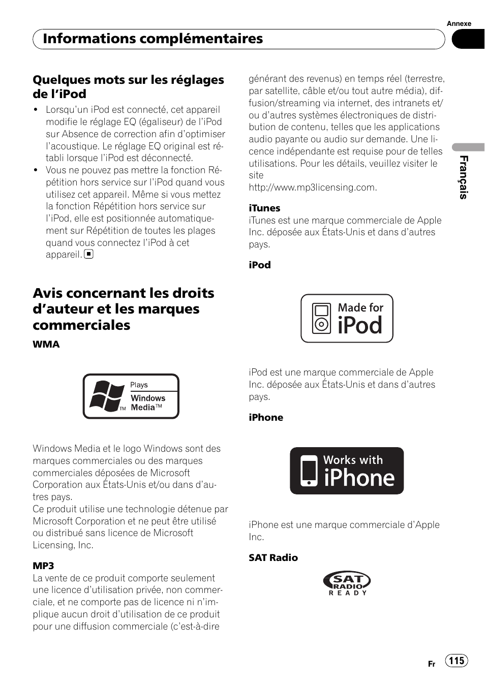 Quelques mots sur les réglages de, Ipod 115, Avis concernant les droits d | Auteur et les, Marques commerciales, Informations complémentaires | Pioneer DEH-P3100UB User Manual | Page 115 / 177
