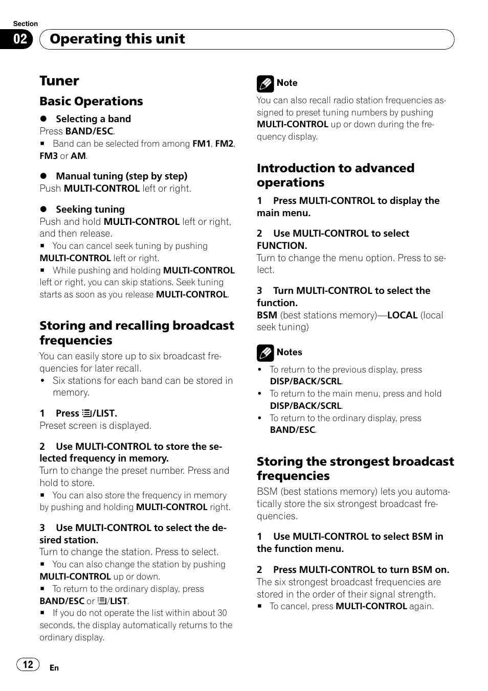 Tuner, Basic operations 12, Storing and recalling broadcast | Frequencies, Introduction to advanced, Operations, Storing the strongest broadcast, Operating this unit, Basic operations, Storing and recalling broadcast frequencies | Pioneer DEH-P3100UB User Manual | Page 12 / 177