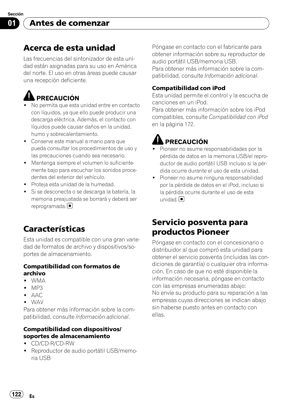 Antes de comenzar, Acerca de esta unidad, Características | Servicio posventa para productos, Pioneer, Servicio posventa para productos pioneer | Pioneer DEH-P3100UB User Manual | Page 122 / 177