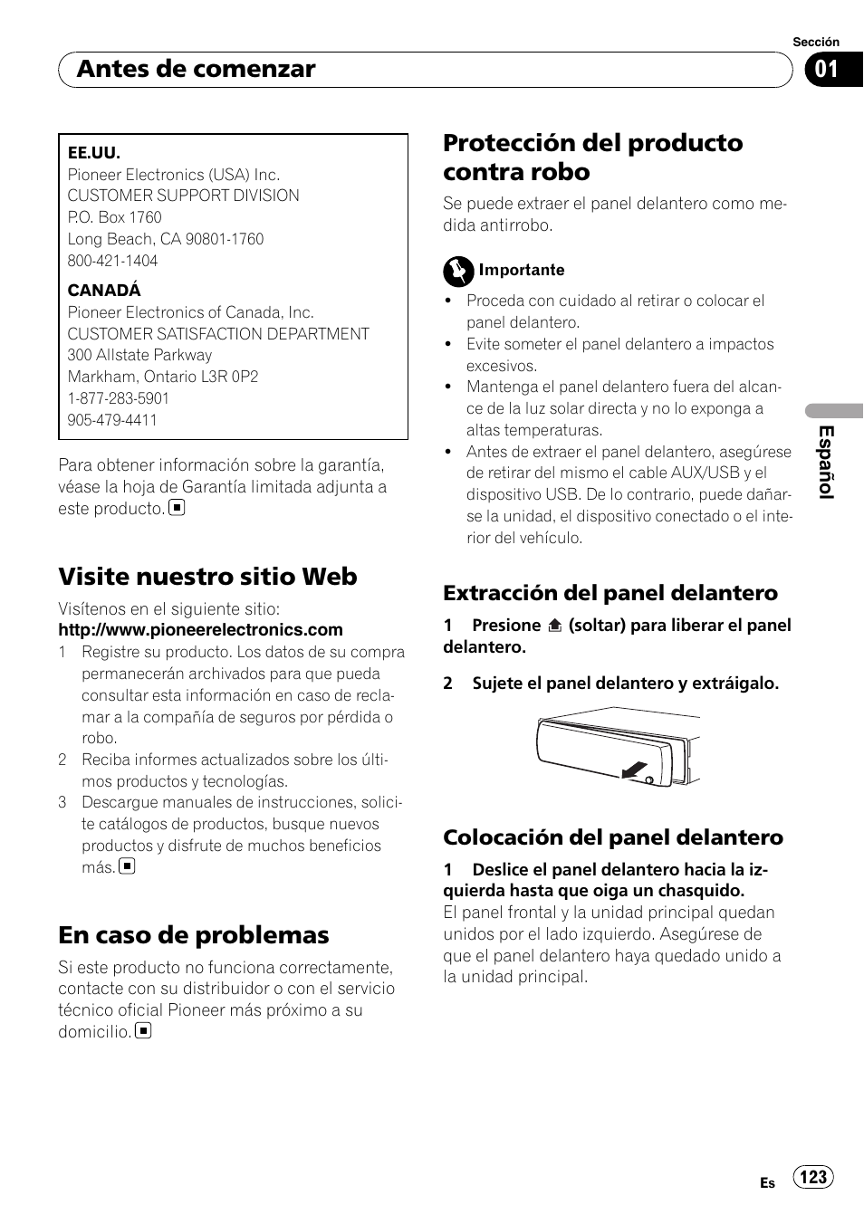 Visite nuestro sitio web, En caso de problemas, Protección del producto contra robo | Extracción del panel delantero 123, Colocación del panel delantero 123, Antes de comenzar | Pioneer DEH-P3100UB User Manual | Page 123 / 177