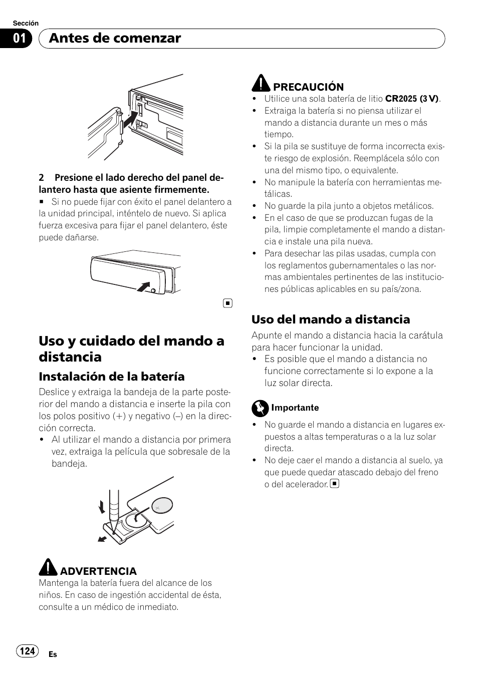 Uso y cuidado del mando a distancia, Instalación de la batería 124, Uso del mando a distancia 124 | Antes de comenzar, Instalación de la batería, Uso del mando a distancia | Pioneer DEH-P3100UB User Manual | Page 124 / 177
