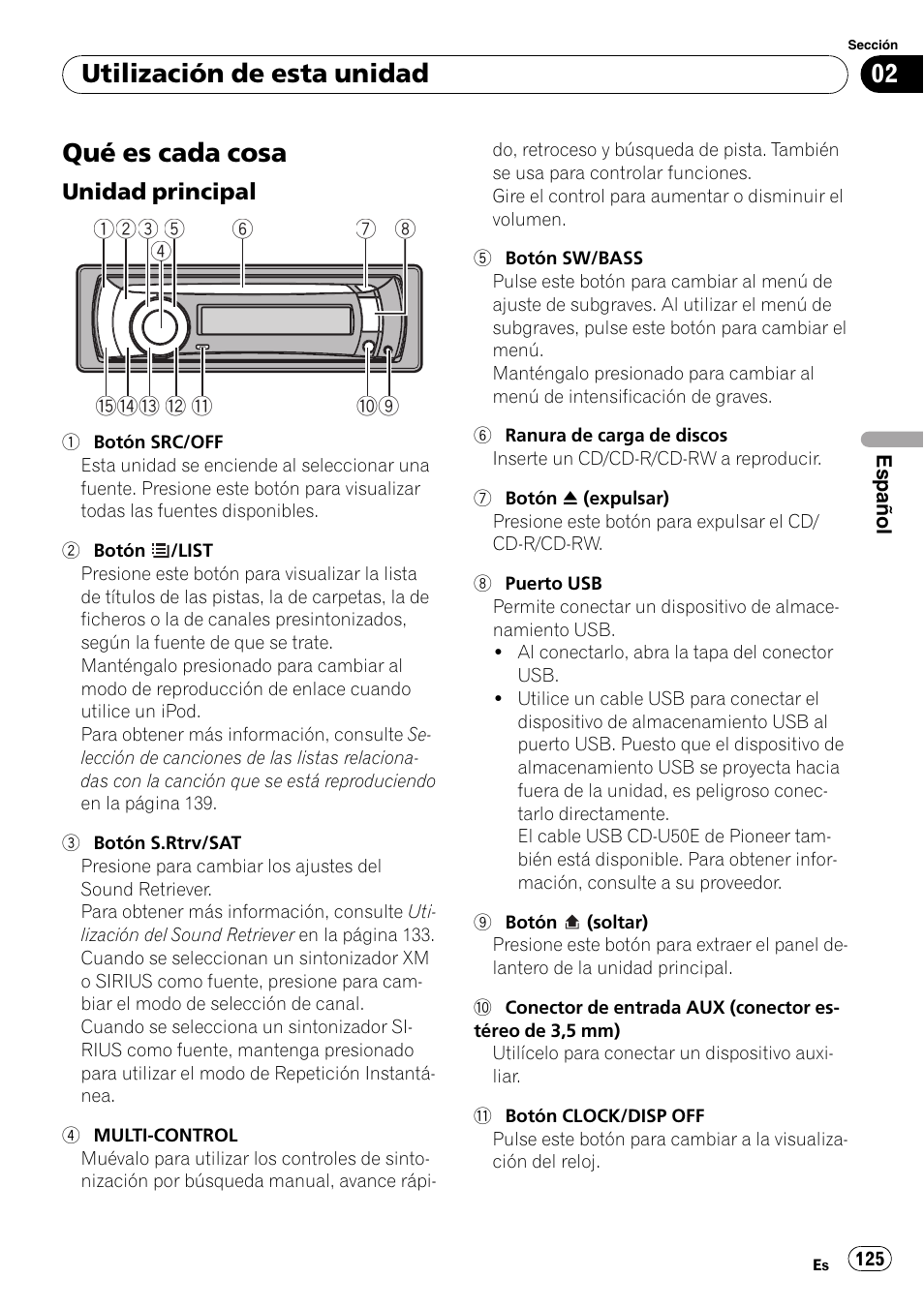 Utilización de esta unidad qué es cada cosa, Unidad principal 125, Qué es cada cosa | Utilización de esta unidad | Pioneer DEH-P3100UB User Manual | Page 125 / 177