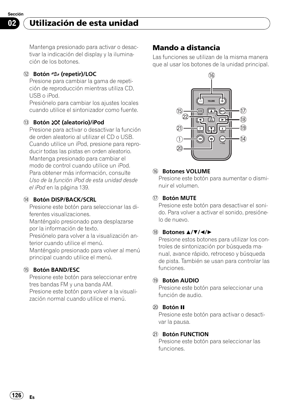 Mando a distancia 126, Utilización de esta unidad, Mando a distancia | Pioneer DEH-P3100UB User Manual | Page 126 / 177
