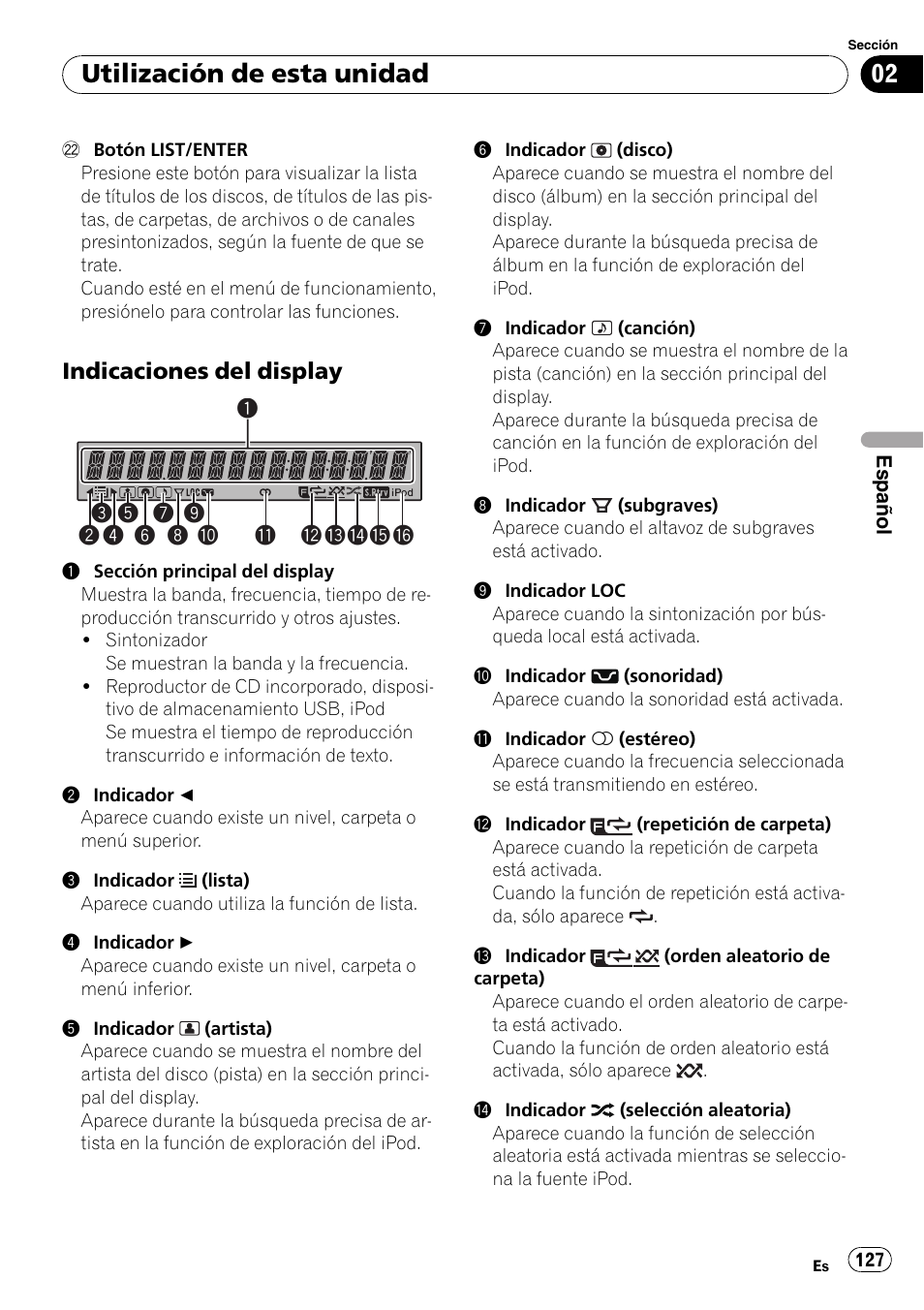 Indicaciones del display 127, Utilización de esta unidad | Pioneer DEH-P3100UB User Manual | Page 127 / 177