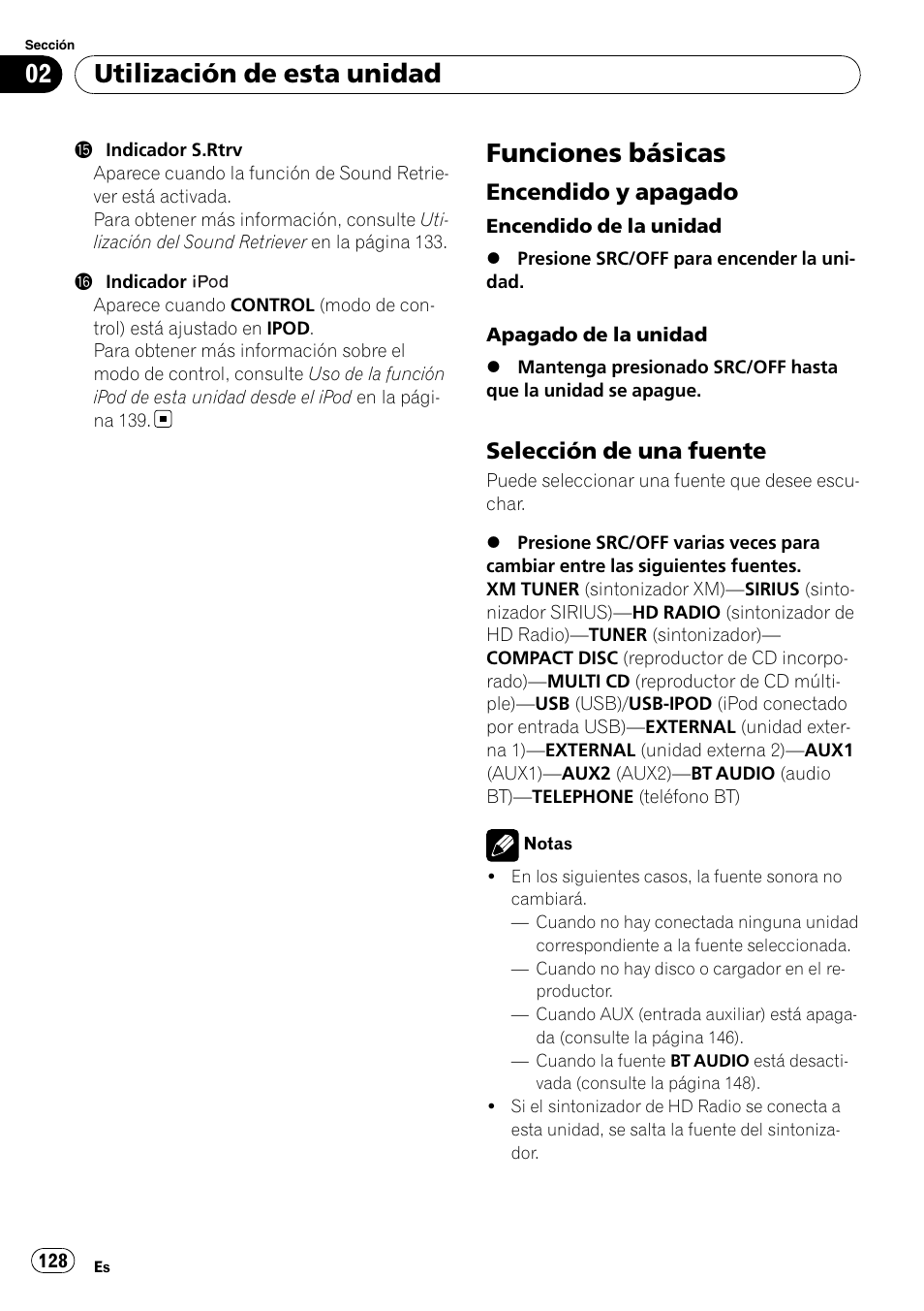 Funciones básicas, Encendido y apagado 128, Selección de una fuente 128 | Utilización de esta unidad, Encendido y apagado, Selección de una fuente | Pioneer DEH-P3100UB User Manual | Page 128 / 177