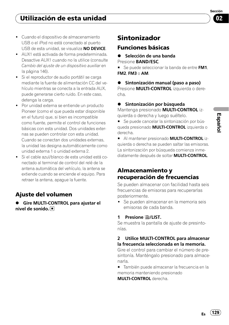 Ajuste del volumen 129, Sintonizador, Funciones básicas 129 | Almacenamiento y recuperación de, Frecuencias, Utilización de esta unidad, Ajuste del volumen, Funciones básicas, Almacenamiento y recuperación de frecuencias | Pioneer DEH-P3100UB User Manual | Page 129 / 177