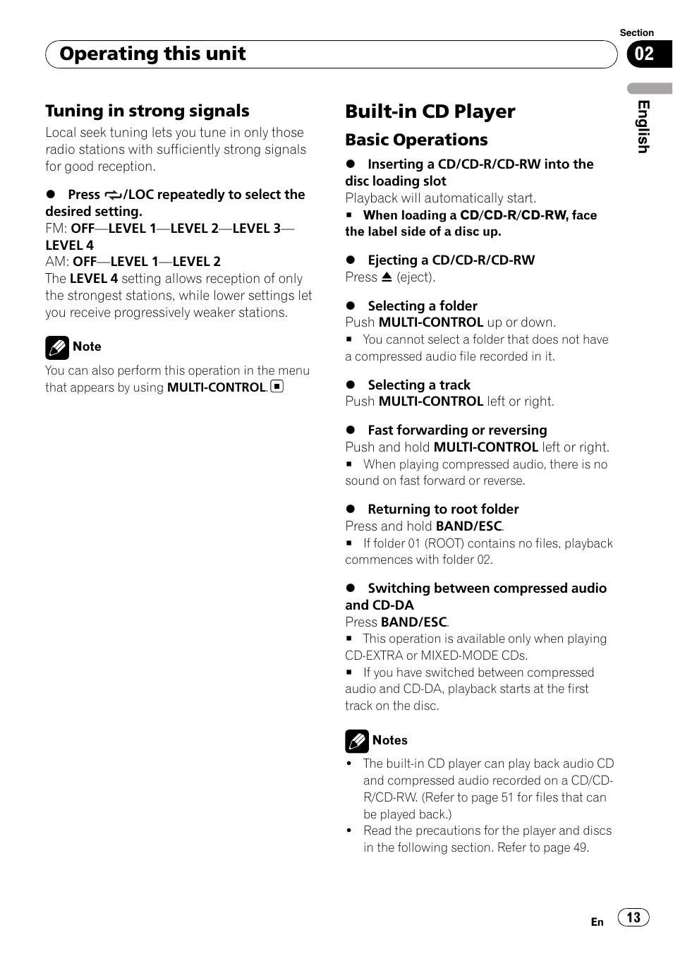 Tuning in strong signals 13, Built-in cd player, Basic operations 13 | Operating this unit, Tuning in strong signals, Basic operations | Pioneer DEH-P3100UB User Manual | Page 13 / 177
