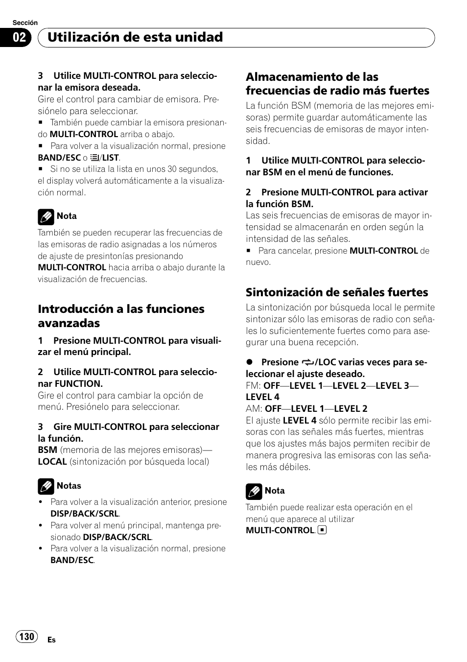 Introducción a las funciones, Avanzadas, Almacenamiento de las frecuencias de | Radio más fuertes, Sintonización de señales fuertes 130, Utilización de esta unidad, Introducción a las funciones avanzadas, Sintonización de señales fuertes | Pioneer DEH-P3100UB User Manual | Page 130 / 177