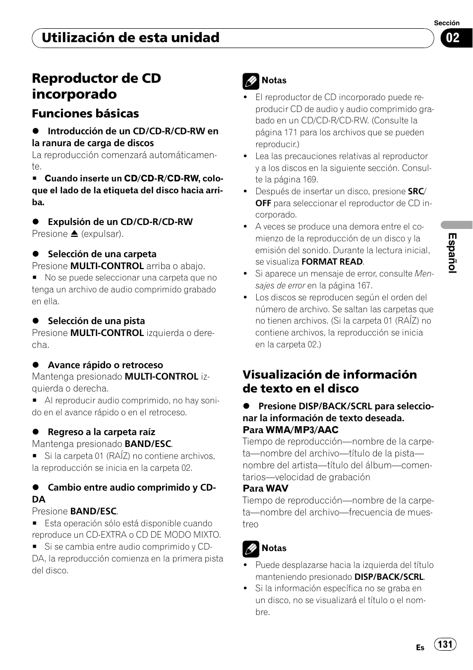 Reproductor de cd incorporado, Funciones básicas 131, Visualización de información de texto | En el disco, Utilización de esta unidad, Funciones básicas, Visualización de información de texto en el disco | Pioneer DEH-P3100UB User Manual | Page 131 / 177