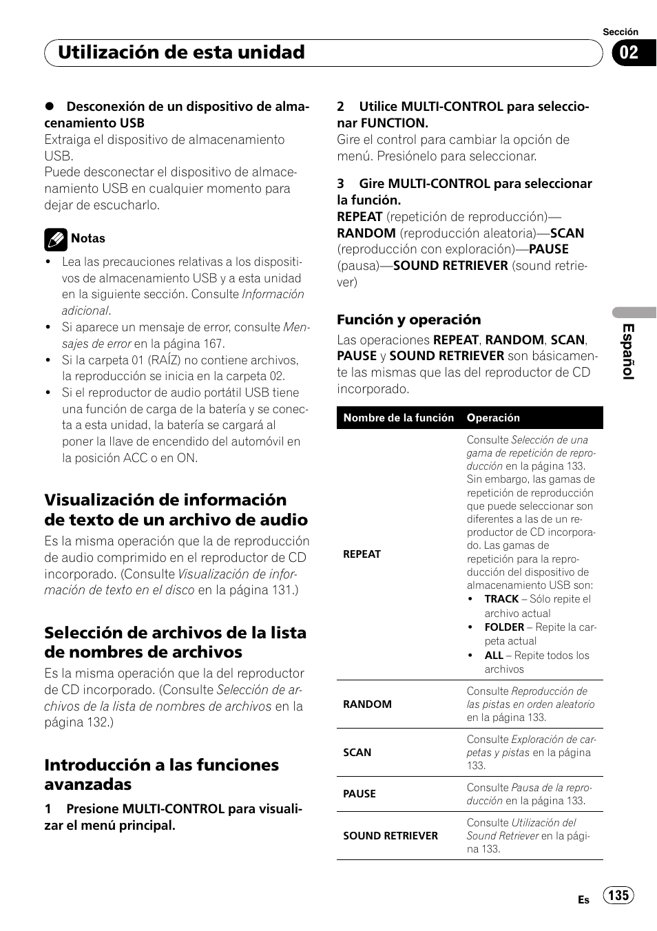 Visualización de información de texto, De un archivo de audio, Selección de archivos de la lista de | Nombres de archivos, Introducción a las funciones, Avanzadas, Utilización de esta unidad, Introducción a las funciones avanzadas | Pioneer DEH-P3100UB User Manual | Page 135 / 177