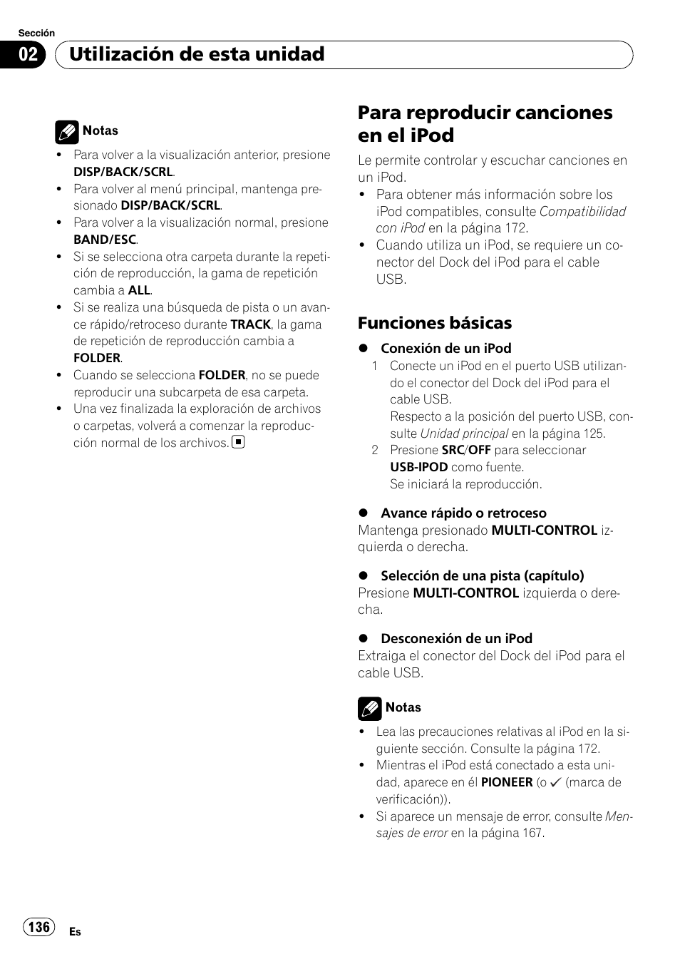 Para reproducir canciones en el ipod, Funciones básicas 136, Utilización de esta unidad | Funciones básicas | Pioneer DEH-P3100UB User Manual | Page 136 / 177