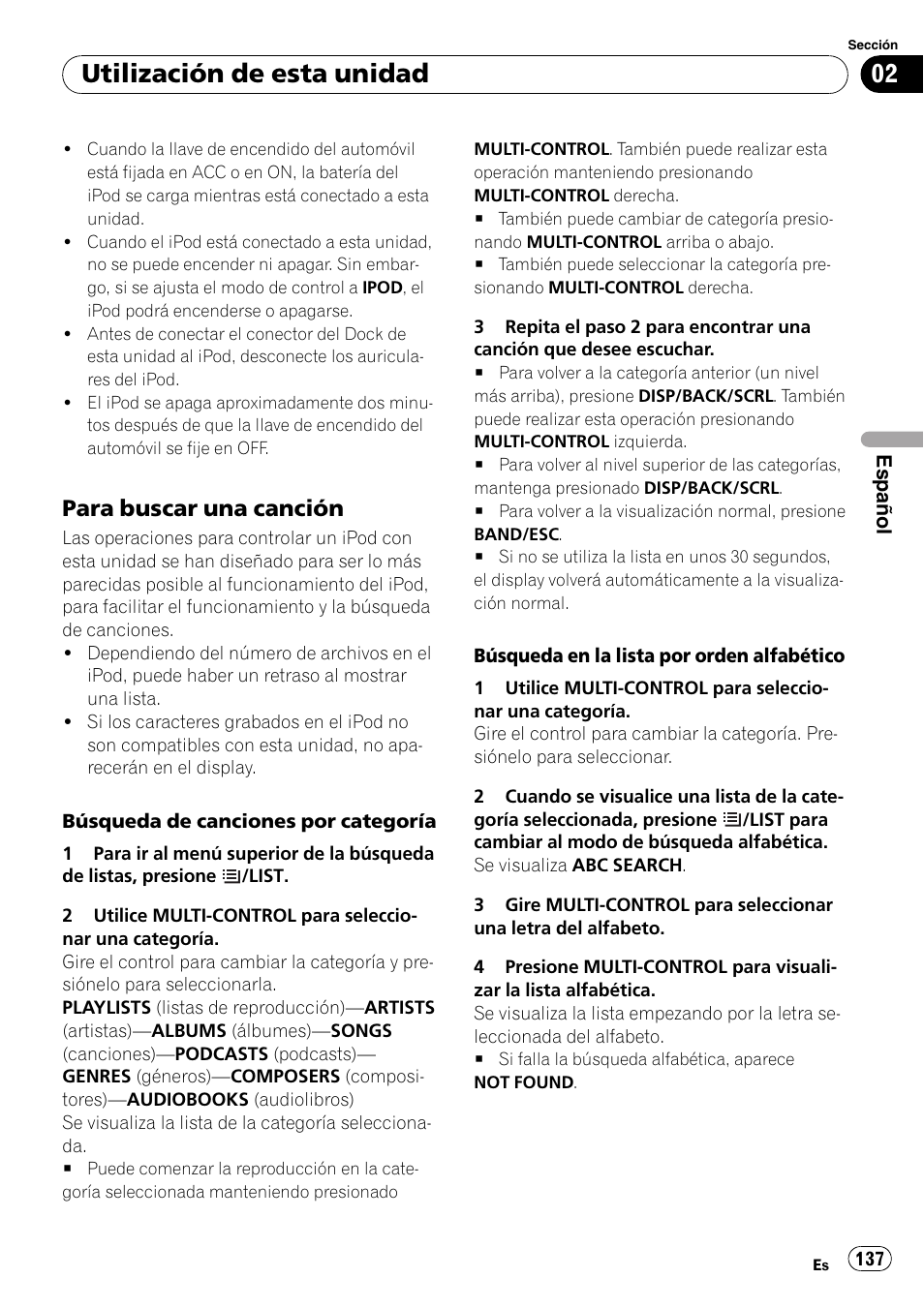 Para buscar una canción 137, Utilización de esta unidad, Para buscar una canción | Pioneer DEH-P3100UB User Manual | Page 137 / 177