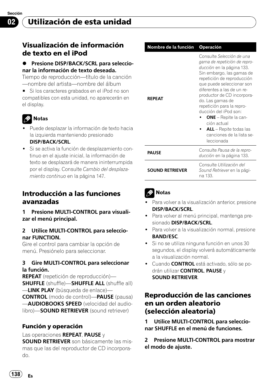 Visualización de información de texto, En el ipod, Introducción a las funciones | Avanzadas, Reproducción de las canciones en un, Orden aleatorio (selección aleatoria), Utilización de esta unidad, Visualización de información de texto en el ipod, Introducción a las funciones avanzadas | Pioneer DEH-P3100UB User Manual | Page 138 / 177