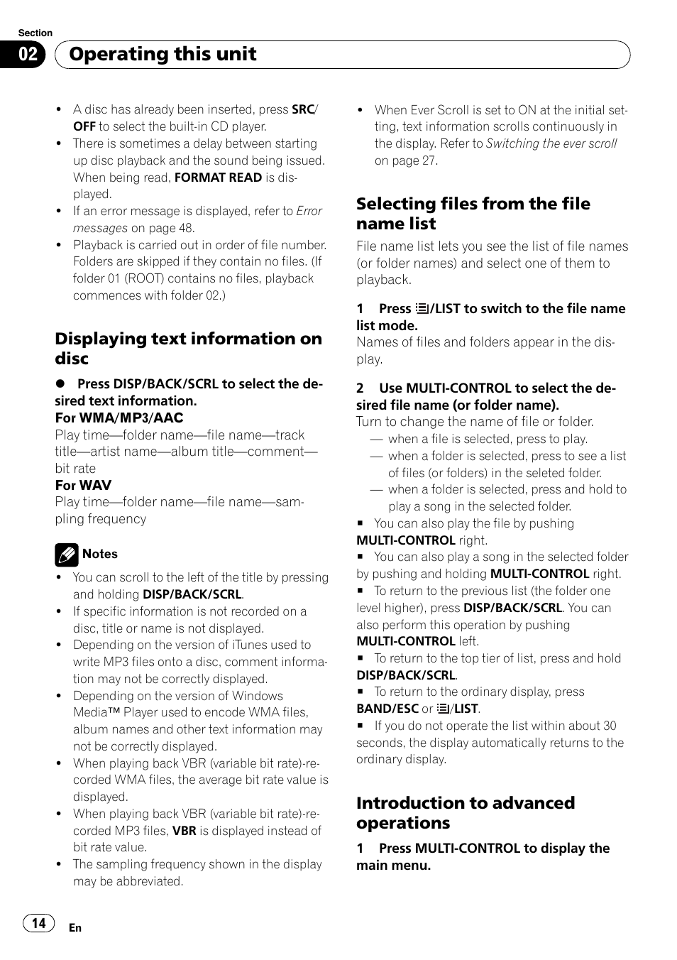 Displaying text information on disc 14, Selecting files from the file name, List | Introduction to advanced, Operations, Operating this unit, Displaying text information on disc, Selecting files from the file name list, Introduction to advanced operations | Pioneer DEH-P3100UB User Manual | Page 14 / 177