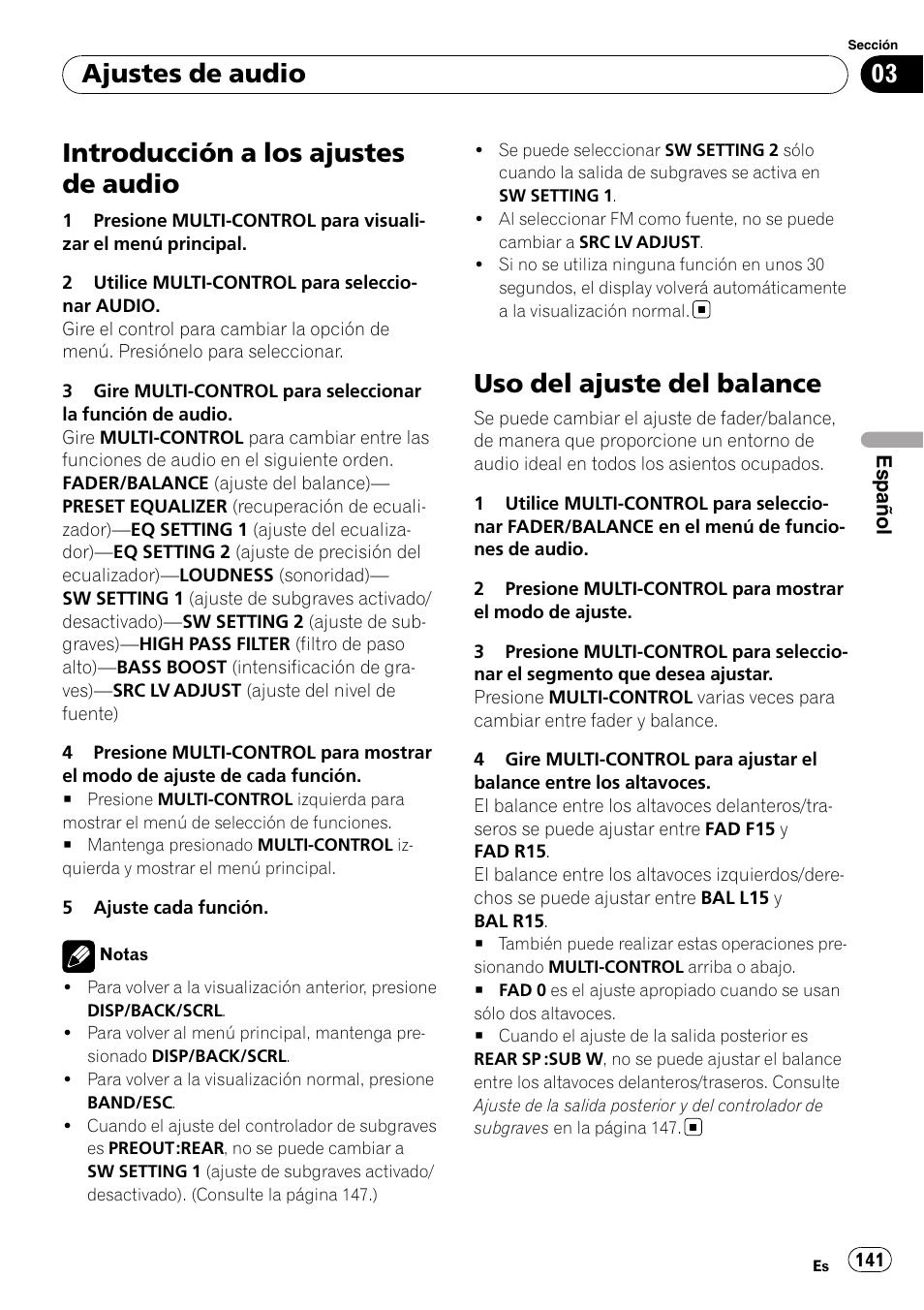 Uso del ajuste del balance, Introducción a los ajustes de audio, Ajustes de audio | Pioneer DEH-P3100UB User Manual | Page 141 / 177