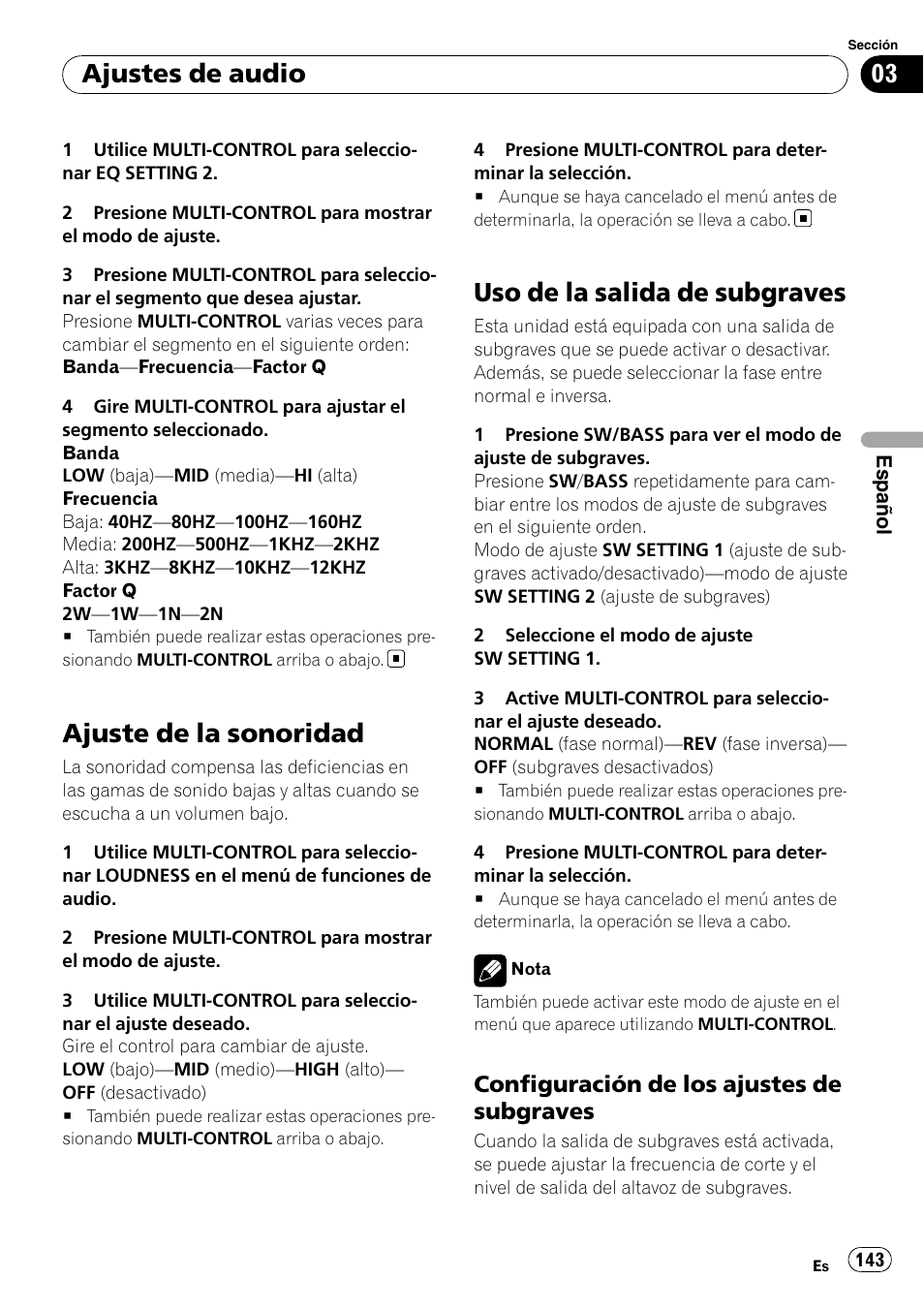 Ajuste de la sonoridad, Uso de la salida de subgraves, Configuración de los ajustes de | Subgraves, Ajustes de audio, Configuración de los ajustes de subgraves | Pioneer DEH-P3100UB User Manual | Page 143 / 177