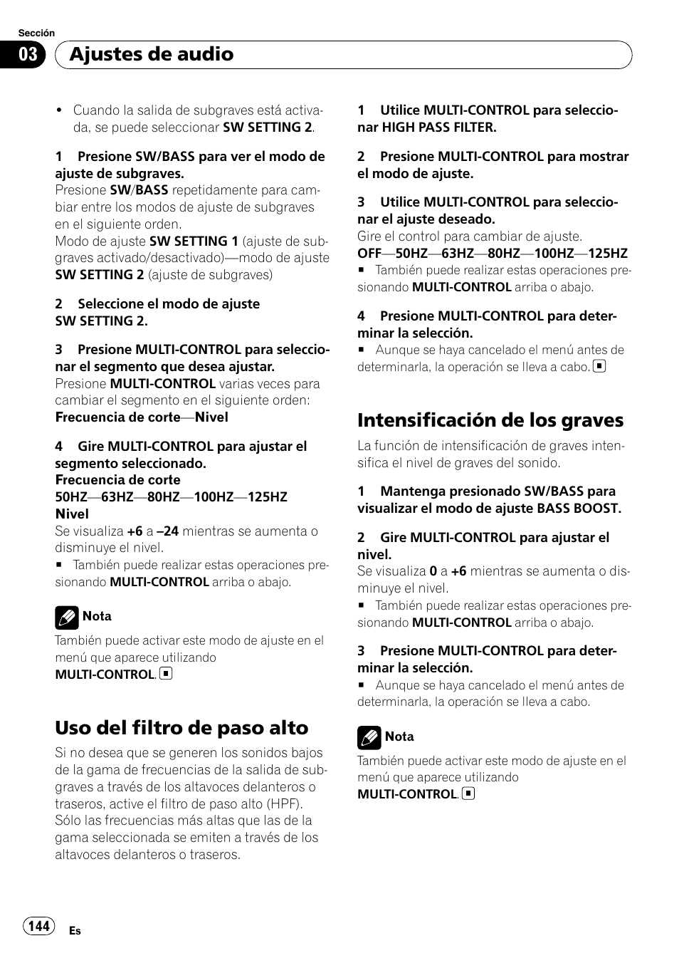 Uso del filtro de paso alto, Intensificación de los graves, Ajustes de audio | Pioneer DEH-P3100UB User Manual | Page 144 / 177
